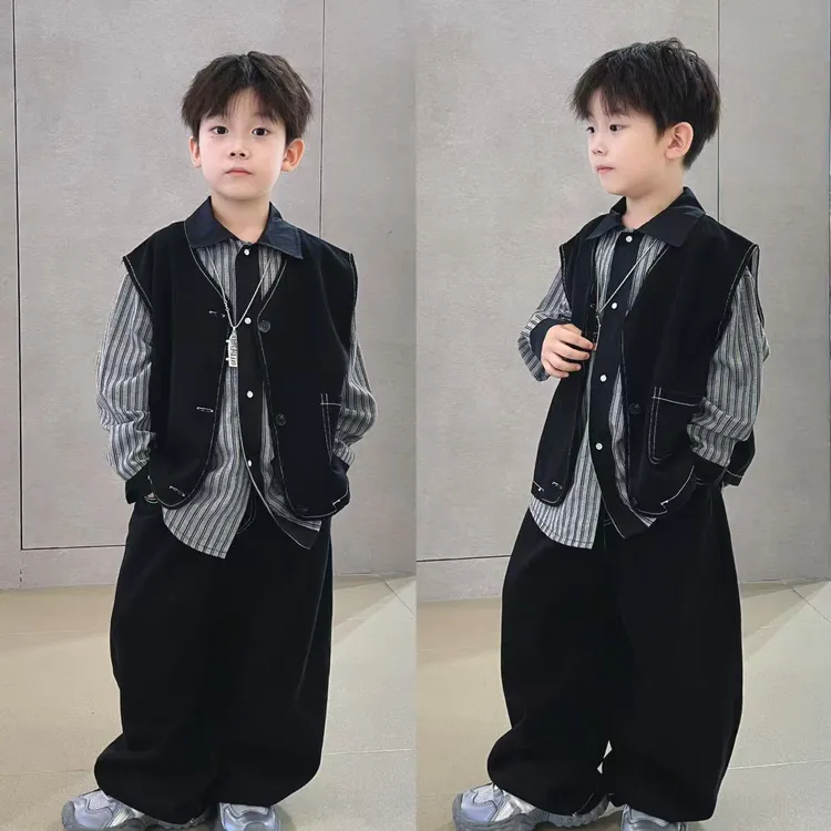 男童牛仔马甲三件套2025秋季新款韩范痞帅衬衫儿童阔腿裤春秋套装