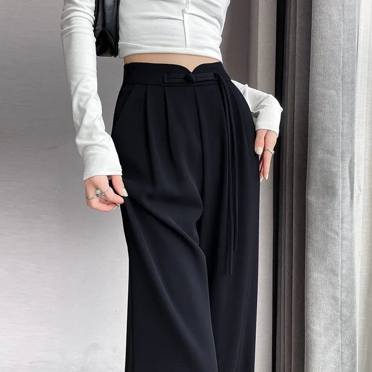 白色西服通勤浅蓝西装裤女裤子垂感款2025新款直筒西裤黑色中国风