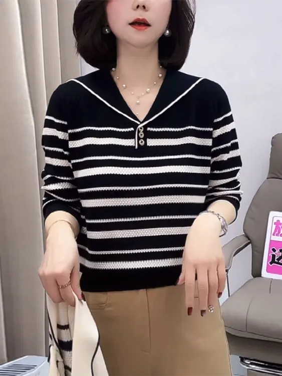 条纹针织衫女2025春减龄洋气显瘦提花镂空海军领慵懒风上衣I3-36