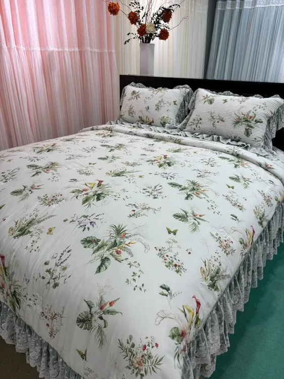 「凡一家纺」莱斯特复古绿色莫代尔印花田园风小清新四件套花边被套