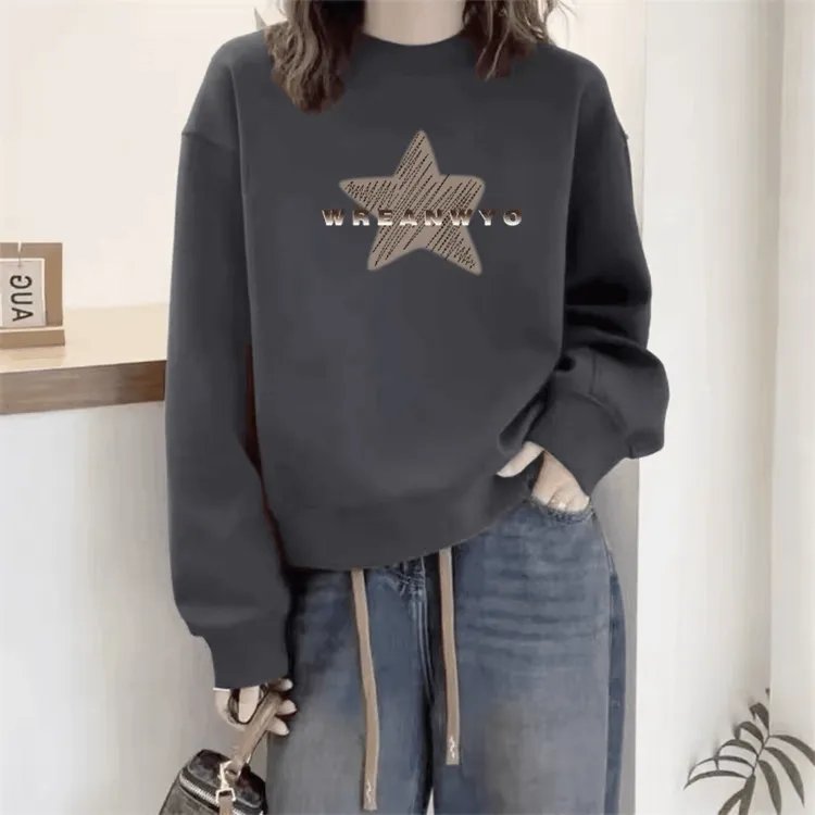 加绒薄款宽松型重工套头款女套头圆领休闲卫衣宽松大码女装减龄