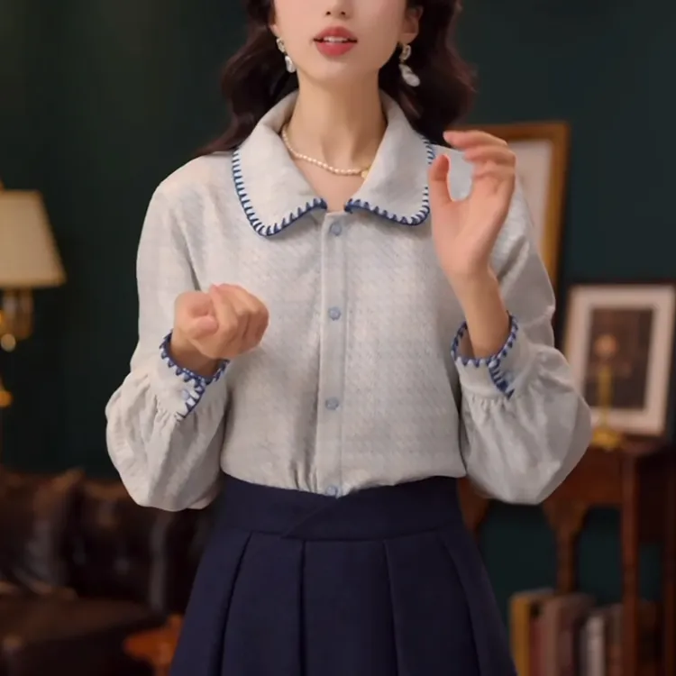 秋季新款女娃娃领长袖衬衫时尚高级感宽松休闲衬衣显瘦泡泡袖上衣