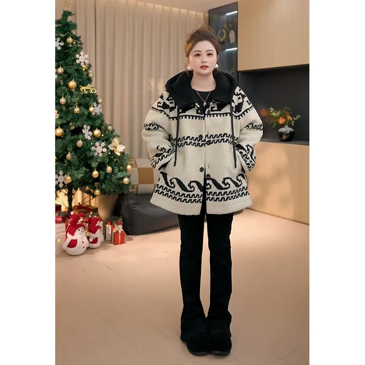 【胖佳佳】冬至物语 羔毛外套冬季复古撞色连帽上衣女H625R20550