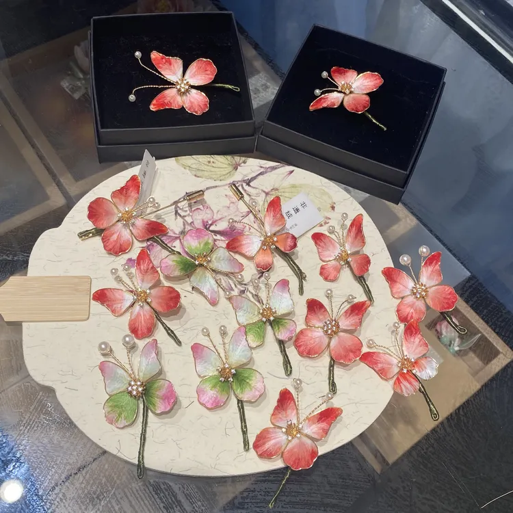 非遗绒花掐丝工艺-蝴蝶边夹可改胸针发簪