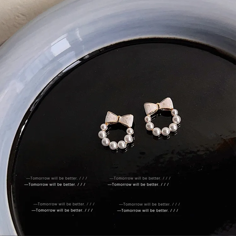 铜贝壳吊坠 小清新蝴蝶结贝壳耳钉女日韩甜美气质珍珠耳环简约小