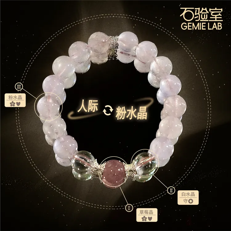 【茜雪】粉水晶草莓晶手串设计师款权威检测石验室