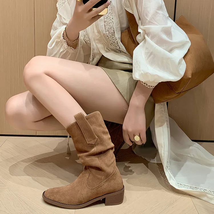 诗宝斐尔粗跟4cm西部牛仔堆堆靴女磨砂真皮圆头V口显瘦中筒骑士靴