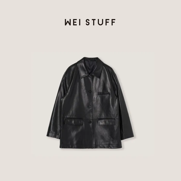 WEI STUFF  “长期主义”百搭廓形翻领纯色皮衣外套 9799 .