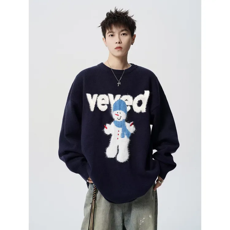 美式毛茸茸毛衣针织潮流印花圆领休闲宽松港风针织衫