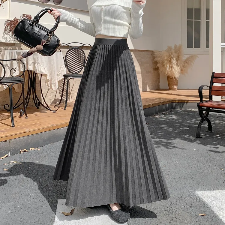 2025秋冬新款厚款百褶裙毛呢半身裙女通勤百搭高腰小个子中长裙子