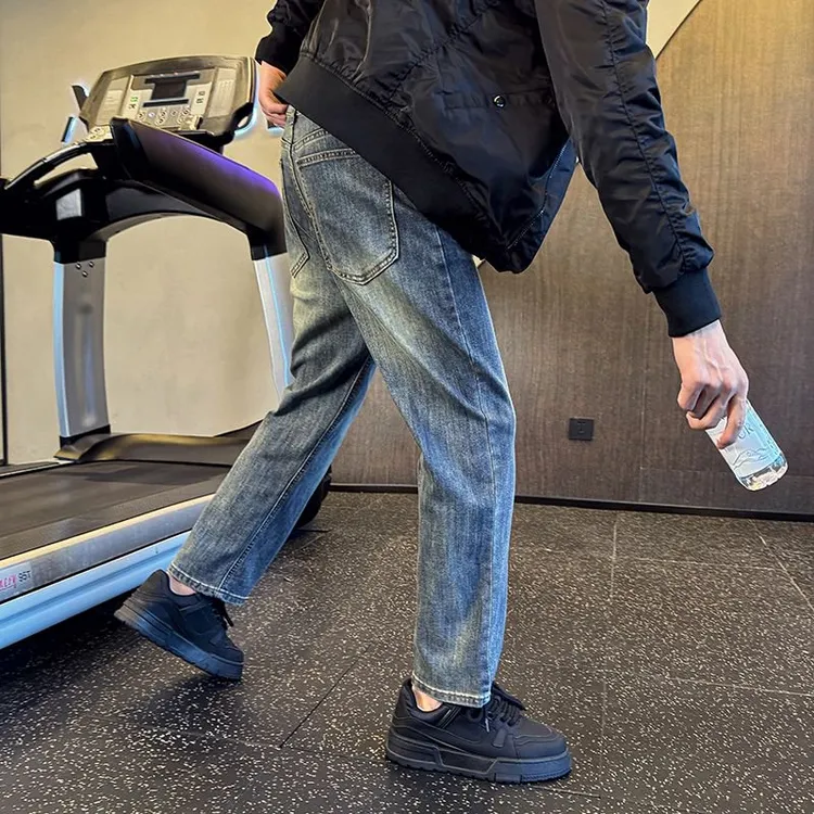 美式潮牌ins高街九分牛仔裤男士百搭复古蓝做旧水洗直筒长裤秋冬