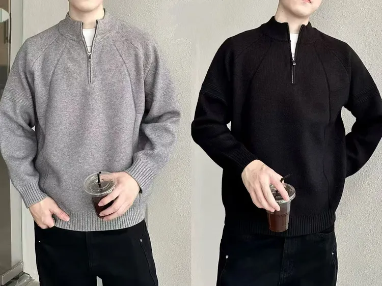 纯色半拉链针织衫男士正肩毛衣潮流翻领秋冬男士6186#