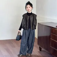 女童秋装皮马甲格子阔腿裤套装2025新款中大童韩系夹克衫一整套