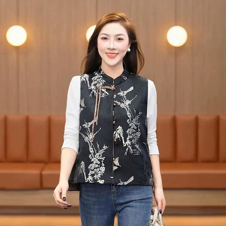 国风马甲背心女春秋盘扣新中式唐装缎面提花坎肩背心妈妈上衣外套
