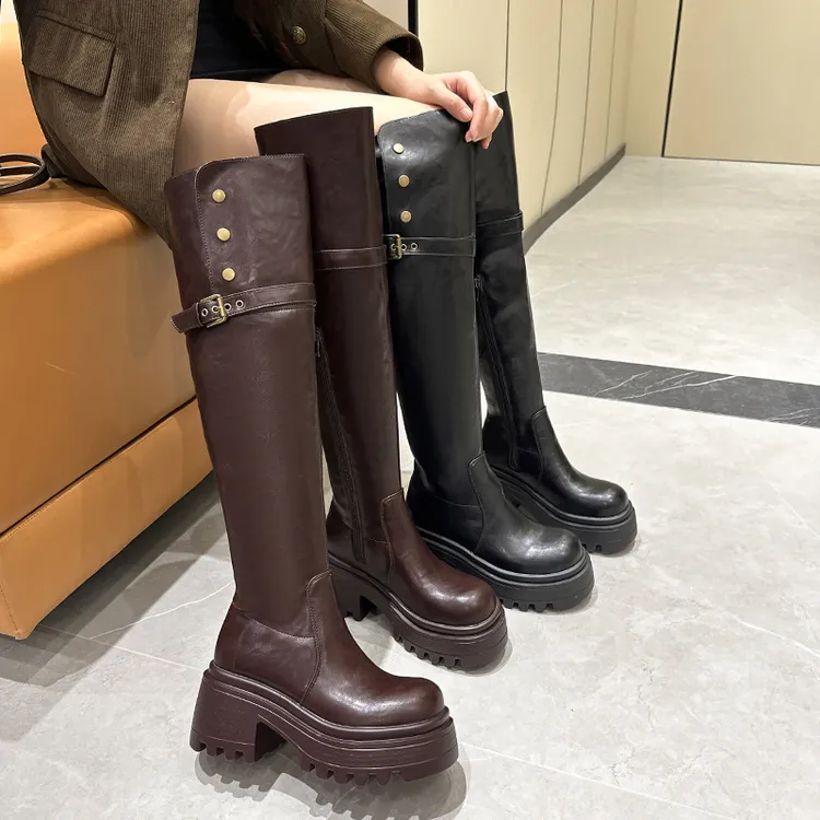 厚底复古过膝长靴两穿皮带扣粗跟高筒西部牛仔靴纯色秋冬骑士靴女