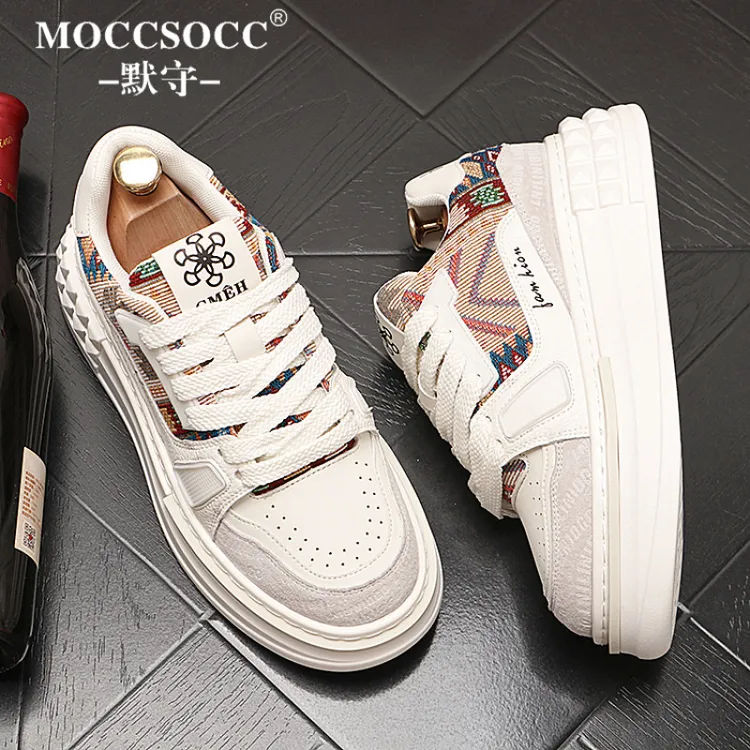 MOCCSOCC板鞋男款轻奢国潮刺绣男鞋厚底增高鞋时尚百搭休闲运动鞋