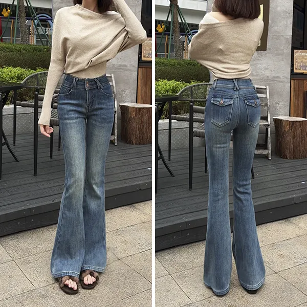 加绒复古蓝双排扣中腰喇叭裤提臀微喇裤弹力修身毛边牛仔裤6866