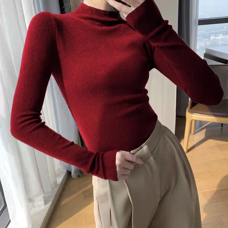 早秋女装时髦洋气半高领针织衫长袖上衣女秋冬季内搭小众打底毛衣