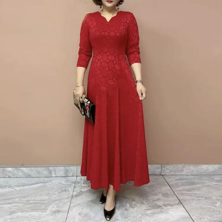 90100妈妈提花棉连衣裙秋冬款花瓣领高弹收腰显瘦八片长款大摆裙