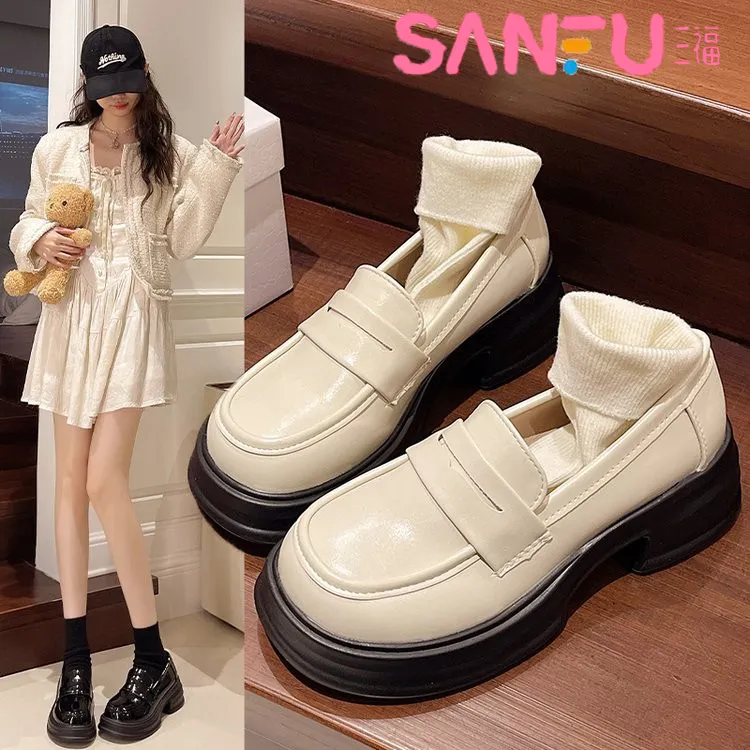SANFU/三福松糕厚底乐福鞋女2025春秋新款配裙子jk轻便百搭小皮鞋