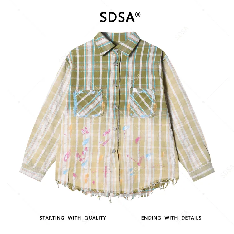 SDSA男士秋冬新款痞帅男装时尚渐变格子泼墨涂鸦翻领长袖衬衫百搭