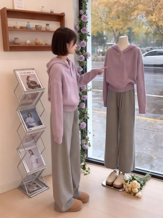 早秋搭配一整套2025新款连帽针织毛衣休闲裤松弛感温柔慵懒套装女