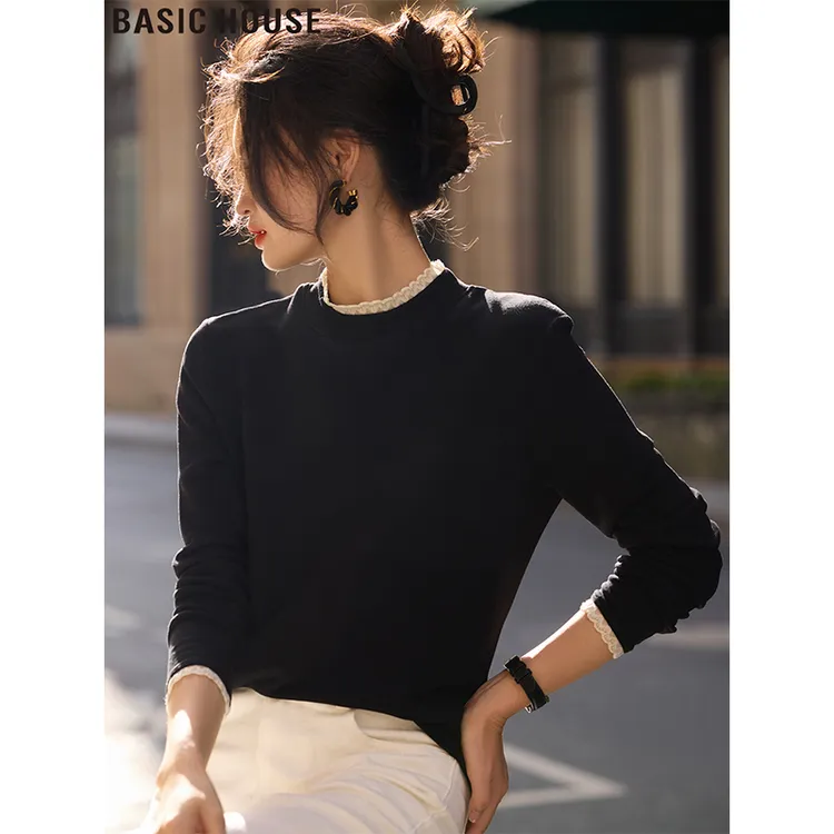 Basic House/百家好法式半高领长袖T恤修身内搭打底衫女2025秋冬