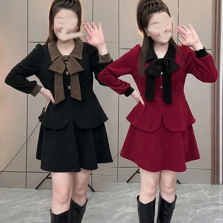 微胖mm蝴蝶结套装秋冬新款时尚百搭大码女装洋气减龄两件套2412