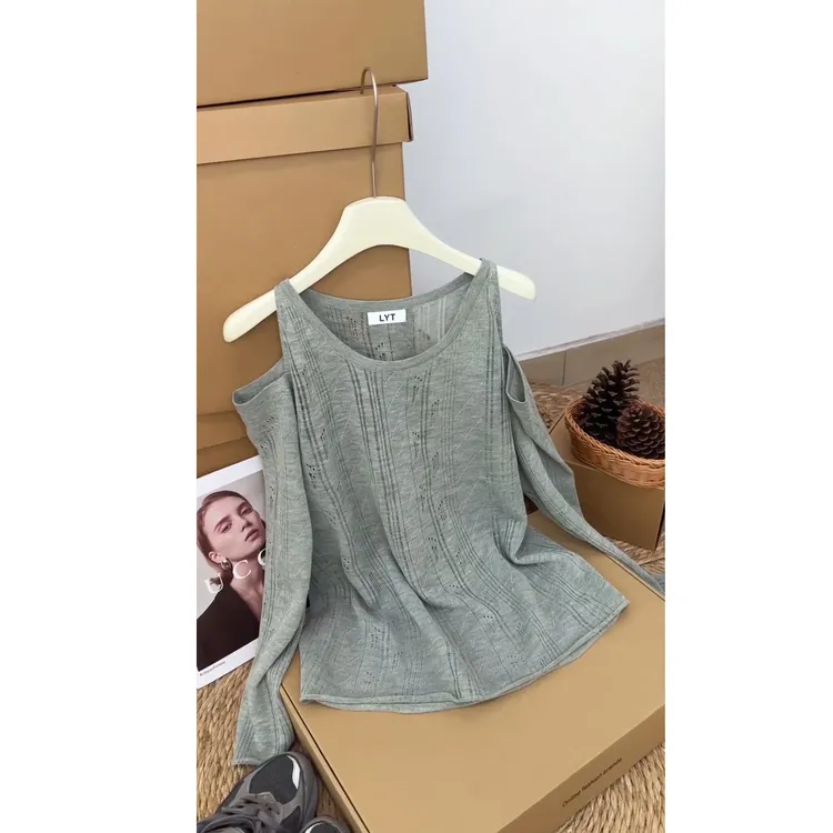 韩系慵懒风露肩长袖圆领针织衫女夏天外搭罩衫薄上衣透视百搭ins
