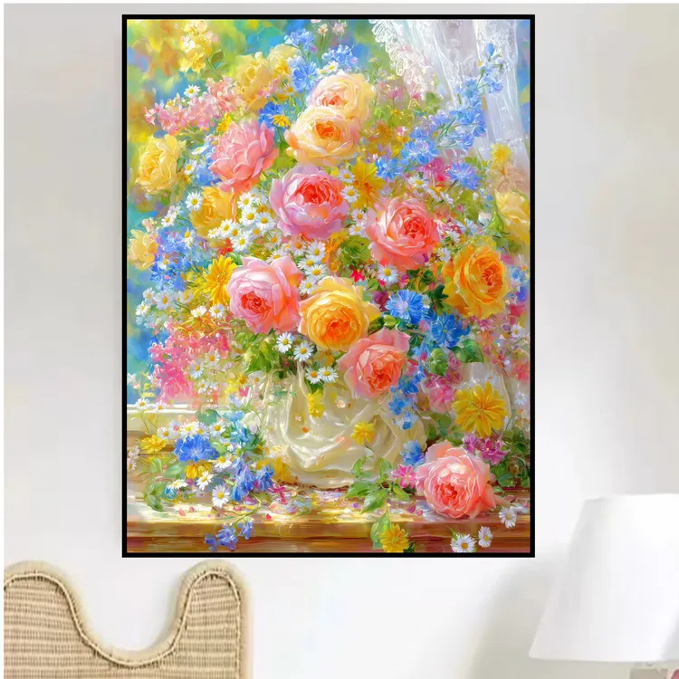 窗台玫瑰 蒙娜丽莎十字绣棉线65色65×85大格满绣无勾边