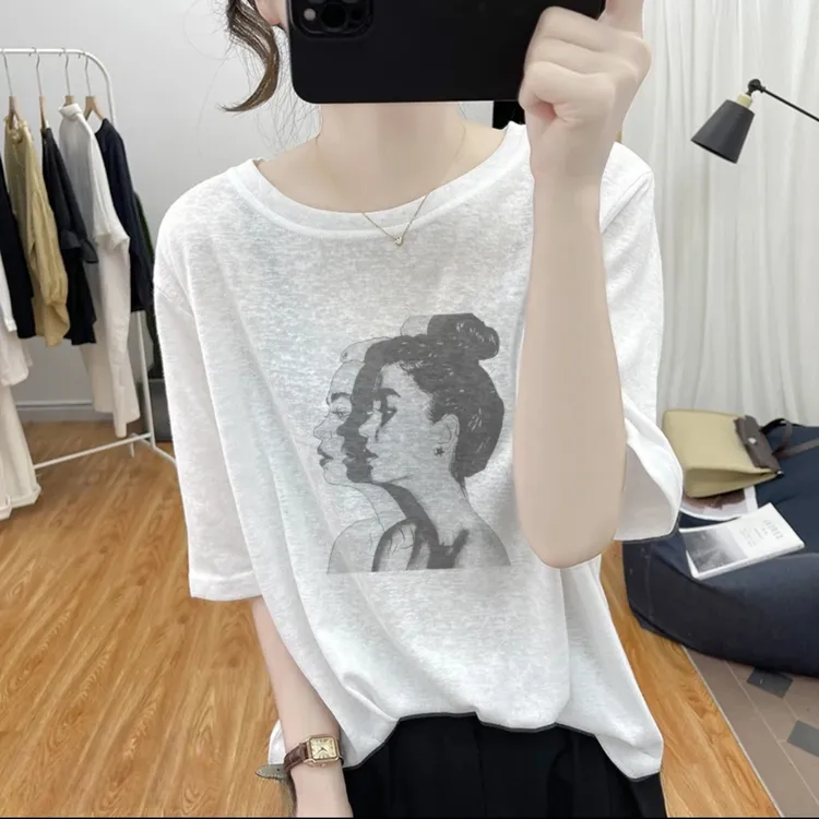 欧货冰丝雪花棉薄款白色短袖T恤女夏季宽松减龄慵懒风简约上衣