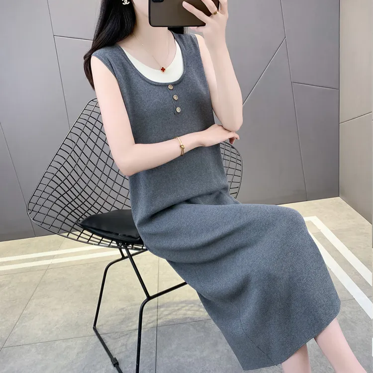 中长款假两件针织背心裙秋装新款无袖大码连衣裙宽松内搭打底裙子