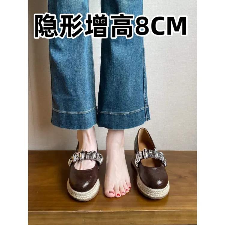 增高8cm小个子草编厚底玛丽珍鞋坡跟渔夫鞋高跟粗跟浅口单鞋女33