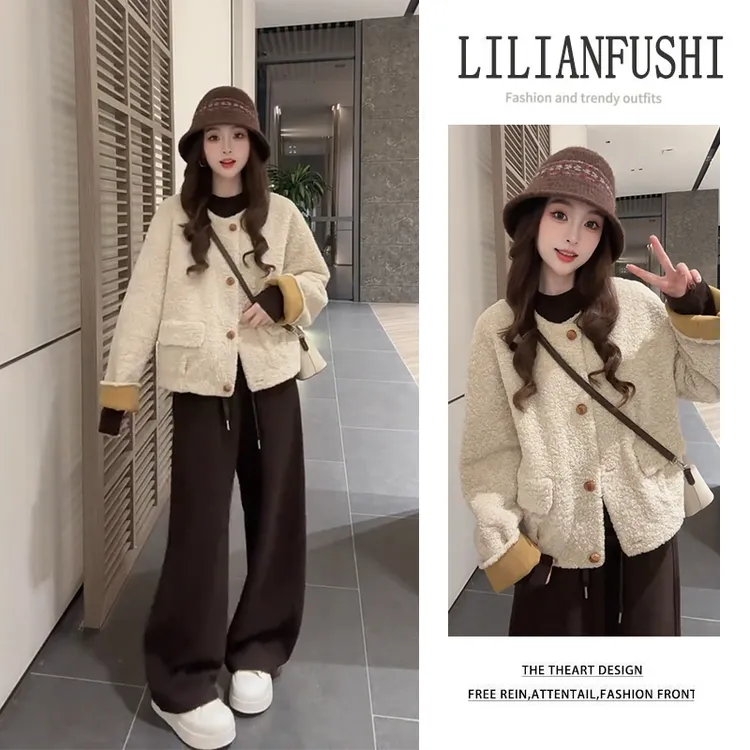 时尚穿搭女2025秋冬新款气质显瘦休闲打底衫时尚外套休闲裤三件套