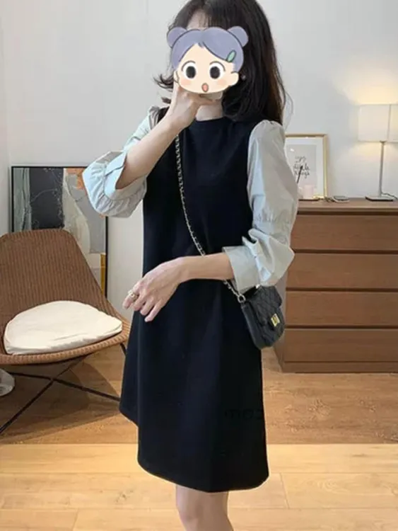 小个子法式气质假两件长袖黑色连衣裙秋装2025新款女高级感小黑裙