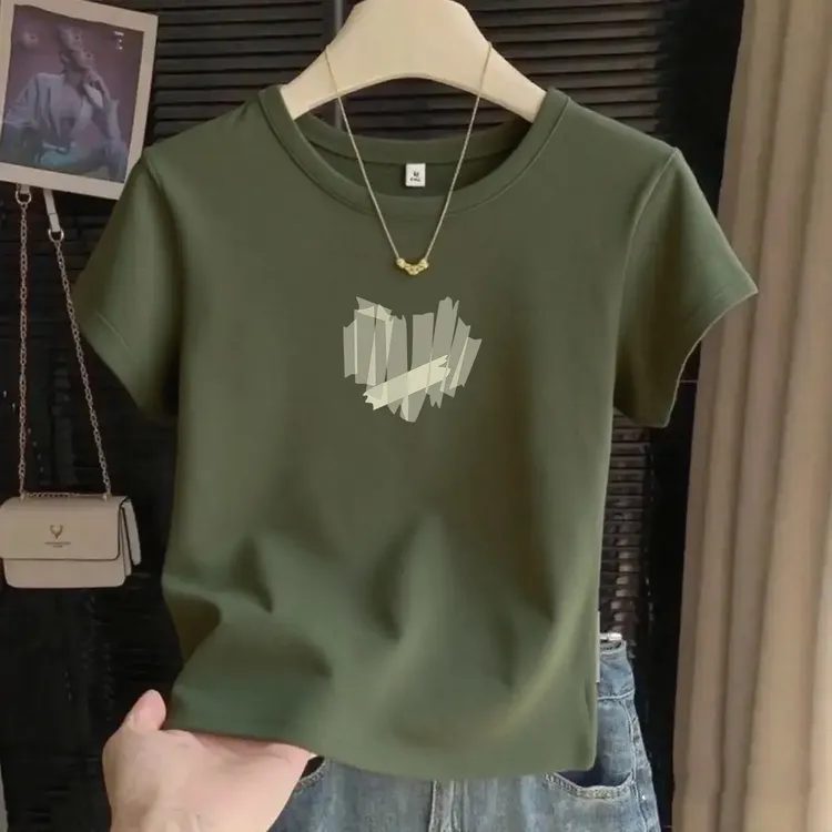搭工装裤军绿色女圆领透气短袖显白显瘦弹力夏季T恤复古军绿女士