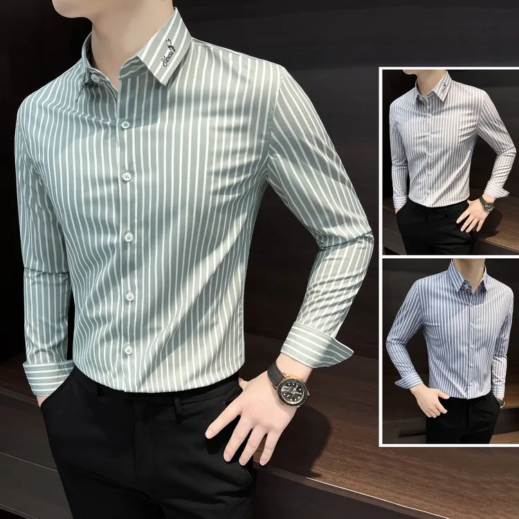条纹长袖衬衫男款秋款2025痞帅高级感商务男装上档次刺绣男士衬衣
