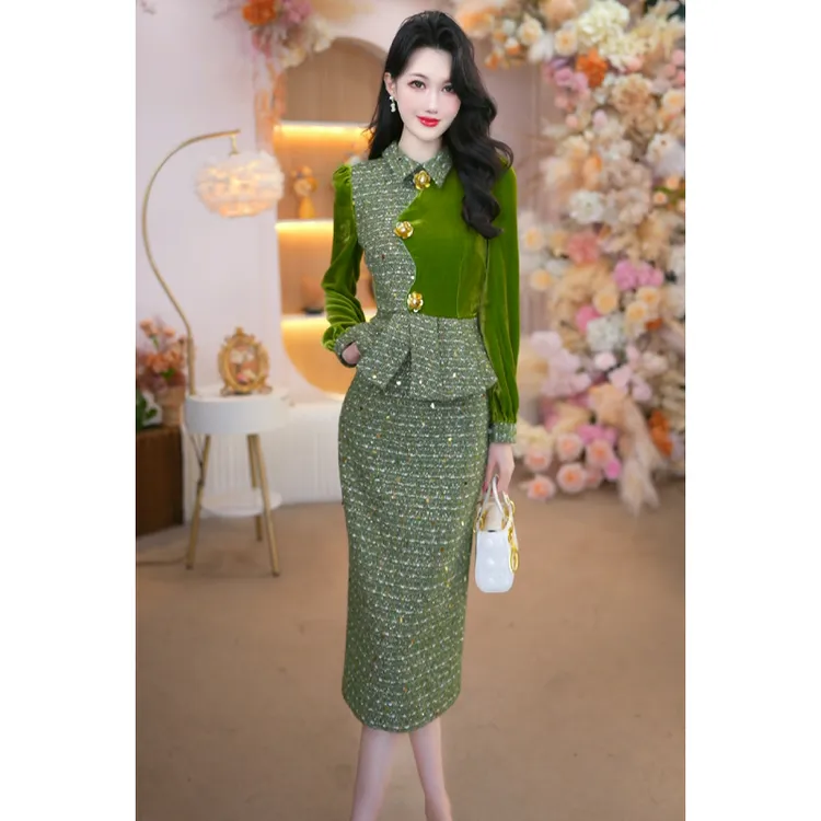 2025冬季新款女装裙子高贵丝绒气质修身显瘦长袖法式连衣裙25338L