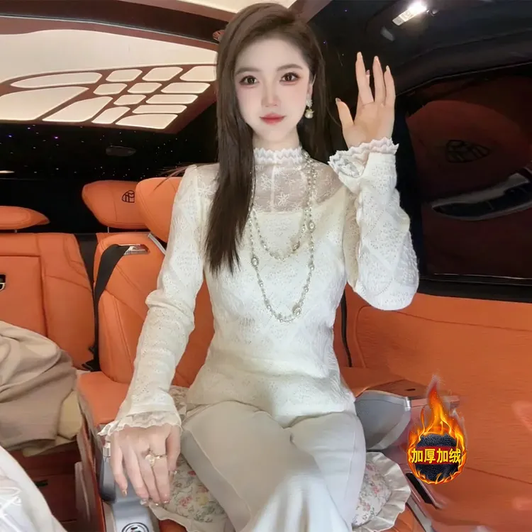 蕾丝半高领打底衫女士秋冬新款加绒加厚洋气拼接收腰保暖内搭上衣