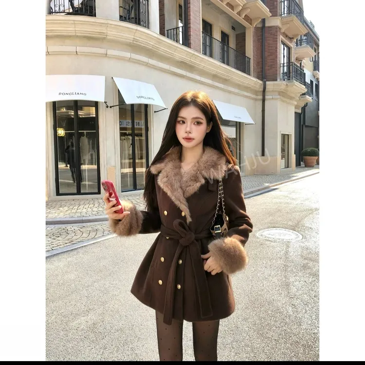 古着秀场千金氛围感卡其色系带收腰双排扣毛呢外套8670丰