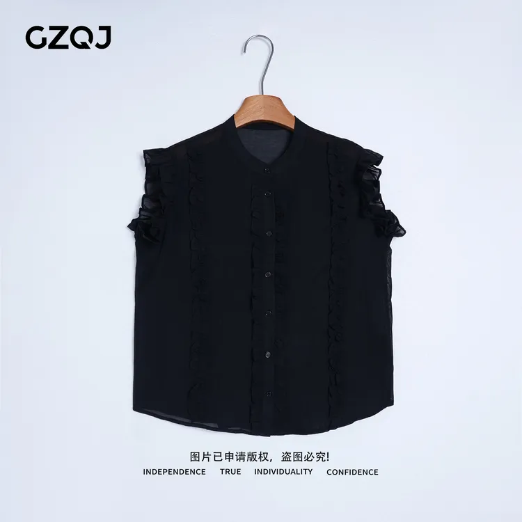 老琴私服【恋夏告白】欧若风小众休闲木耳花边圆领无袖衬衫女 09202