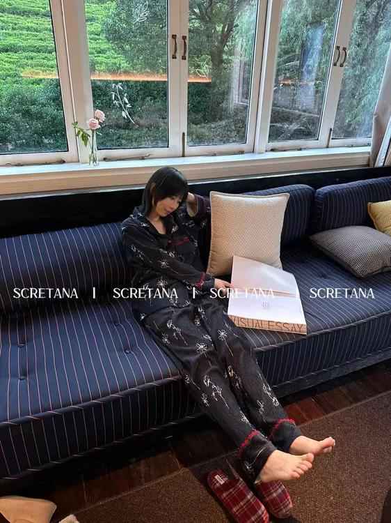 SCRETANA/安娜的秘密蓝色杜丽复古奢华蕾丝经典家居服睡衣套装