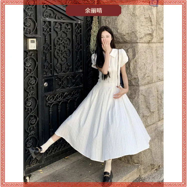 III泡泡袖连衣裙女夏季新款白色显瘦气质收腰初恋系大摆字长裙女I