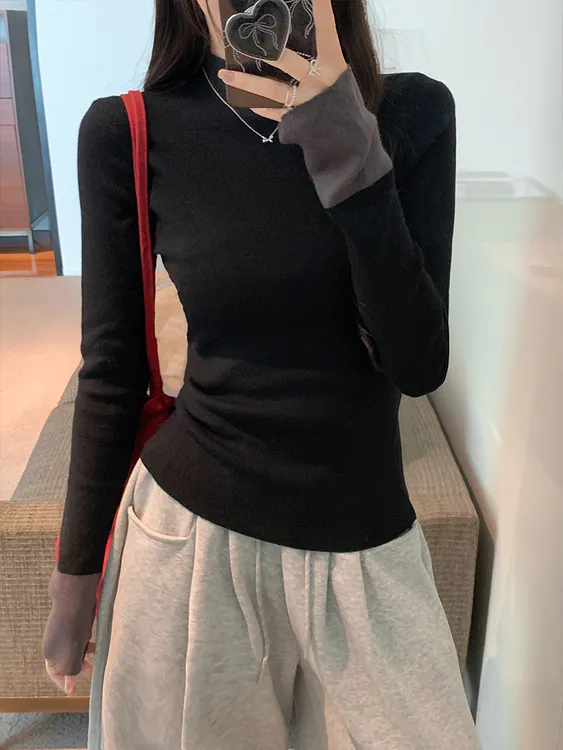 德绒撞色半高领内搭长袖打底衫t恤女秋冬季百搭修身显瘦保暖上衣