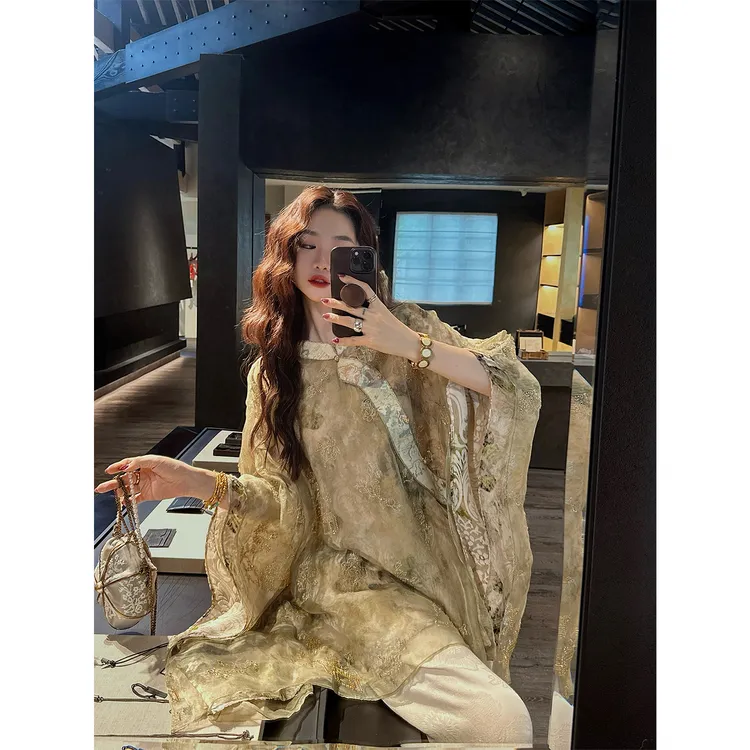 三吉黑花【桃花坞】新中式国风桑蚕丝烂花衬衫女款洋气高端罩衫潮
