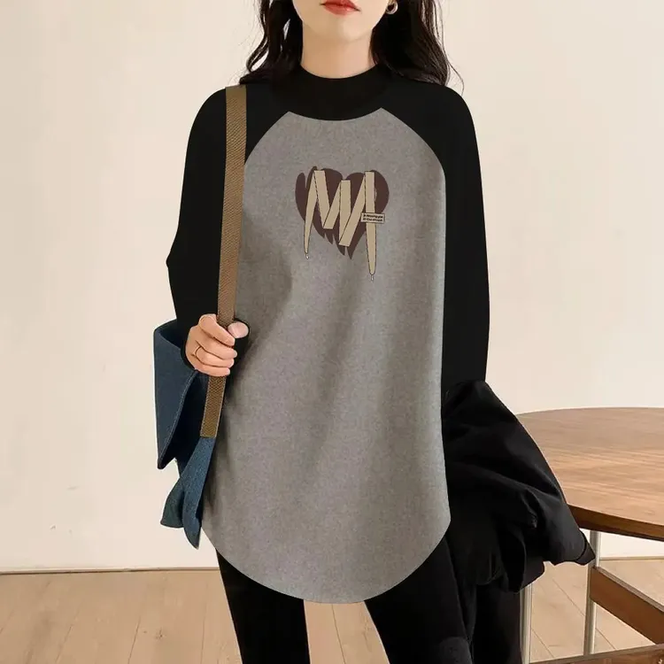 半高领德绒保暖打底衫长袖t恤女中长款加厚秋冬新款撞色内搭上衣