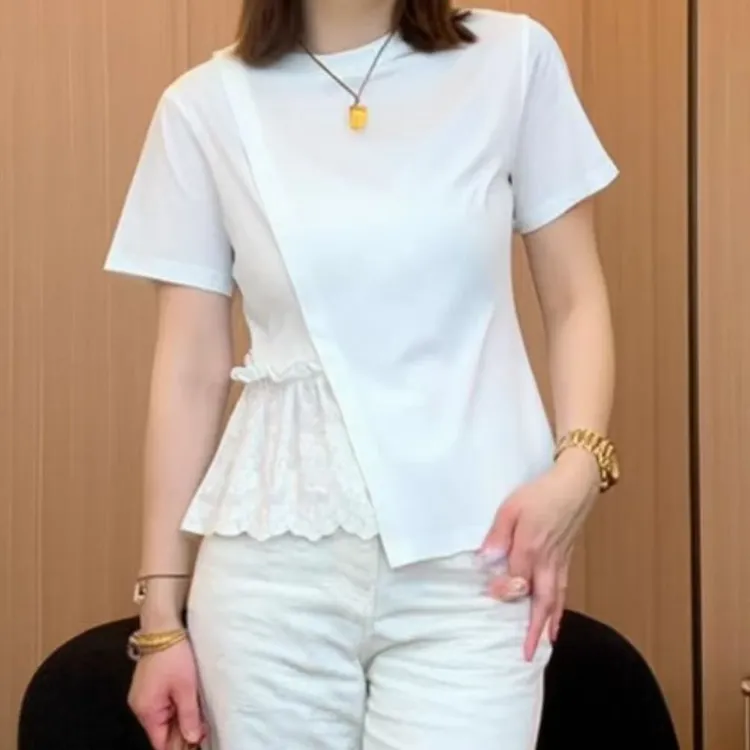 设计感拼接蕾丝不规则圆领T恤女2025夏季新款时尚显瘦短袖上衣潮