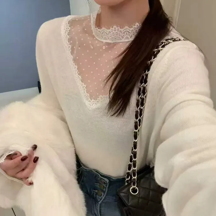 （刘敏服装）26587款打底衫毛衣拼接冬季毛针织衫V领法式V领蕾丝