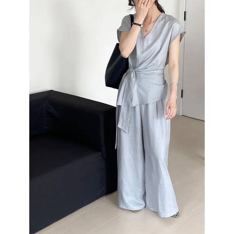 韩系夏季新款2025收腰系带V领气质无袖衬衫女洋气上衣+阔腿裤套装
