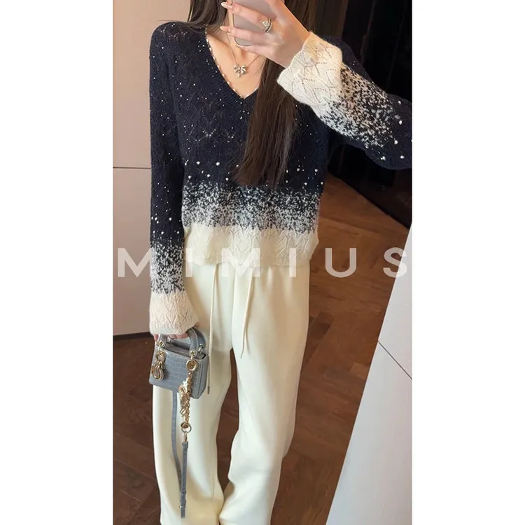 【mimius】P 羊绒羊毛渐变V领镂空针织衫 WG10106